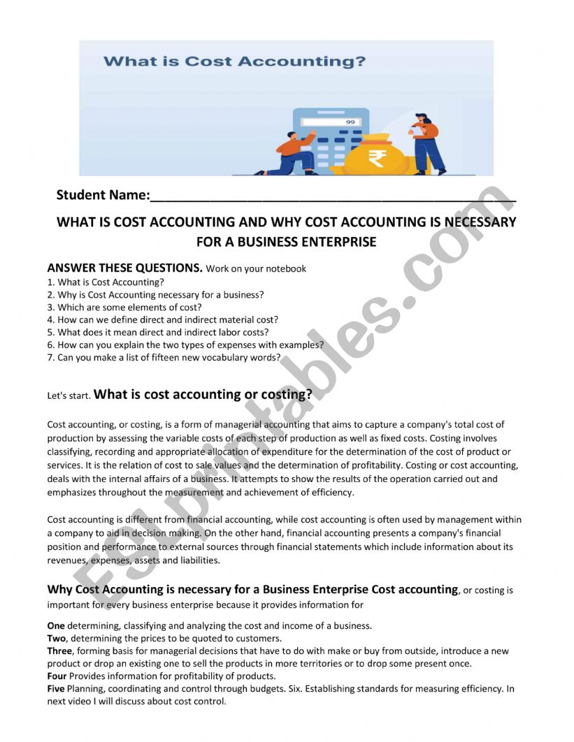Accounting - Costs worksheet