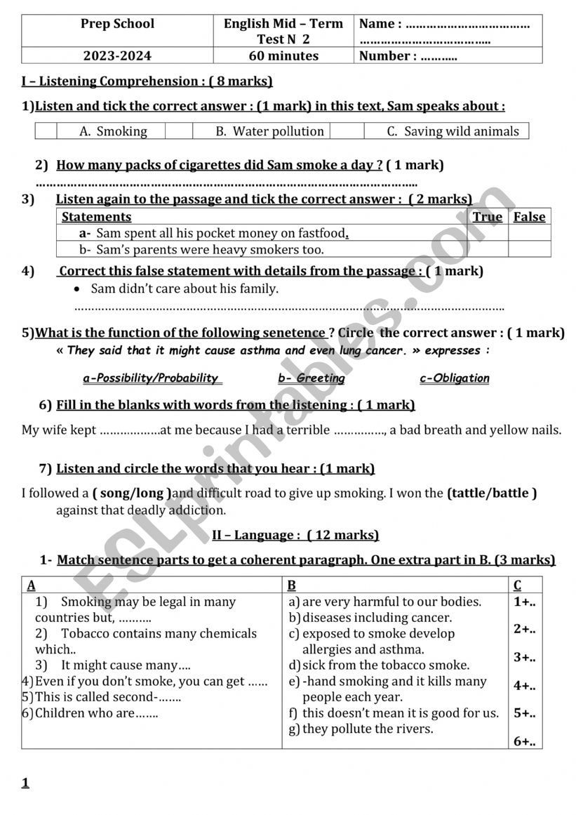 mid term test 2 for 9th form  worksheet