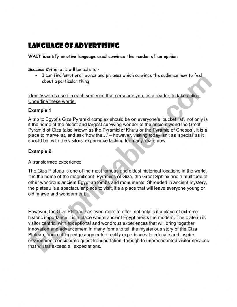 Language of Advertising worksheet