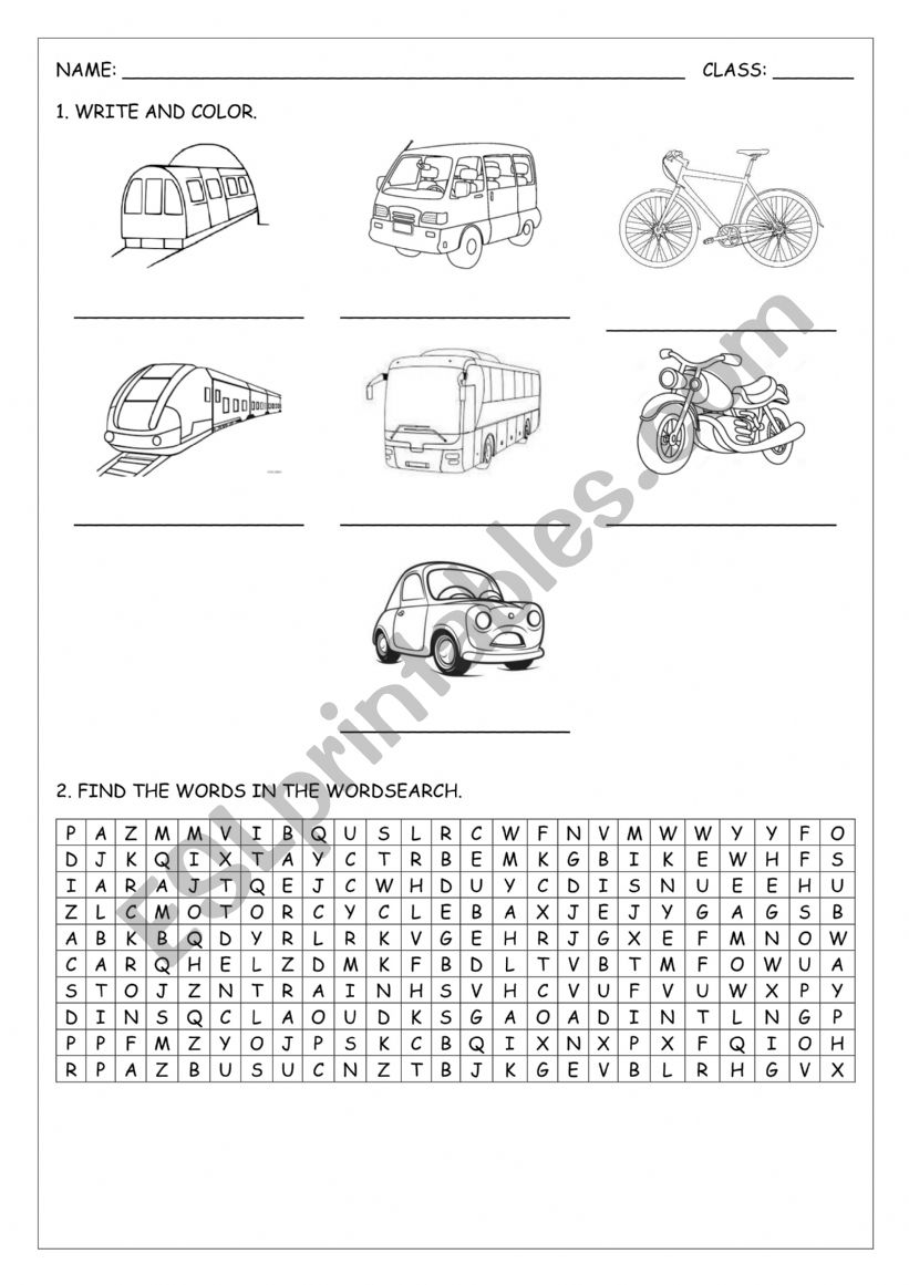 Means of transportation worksheet