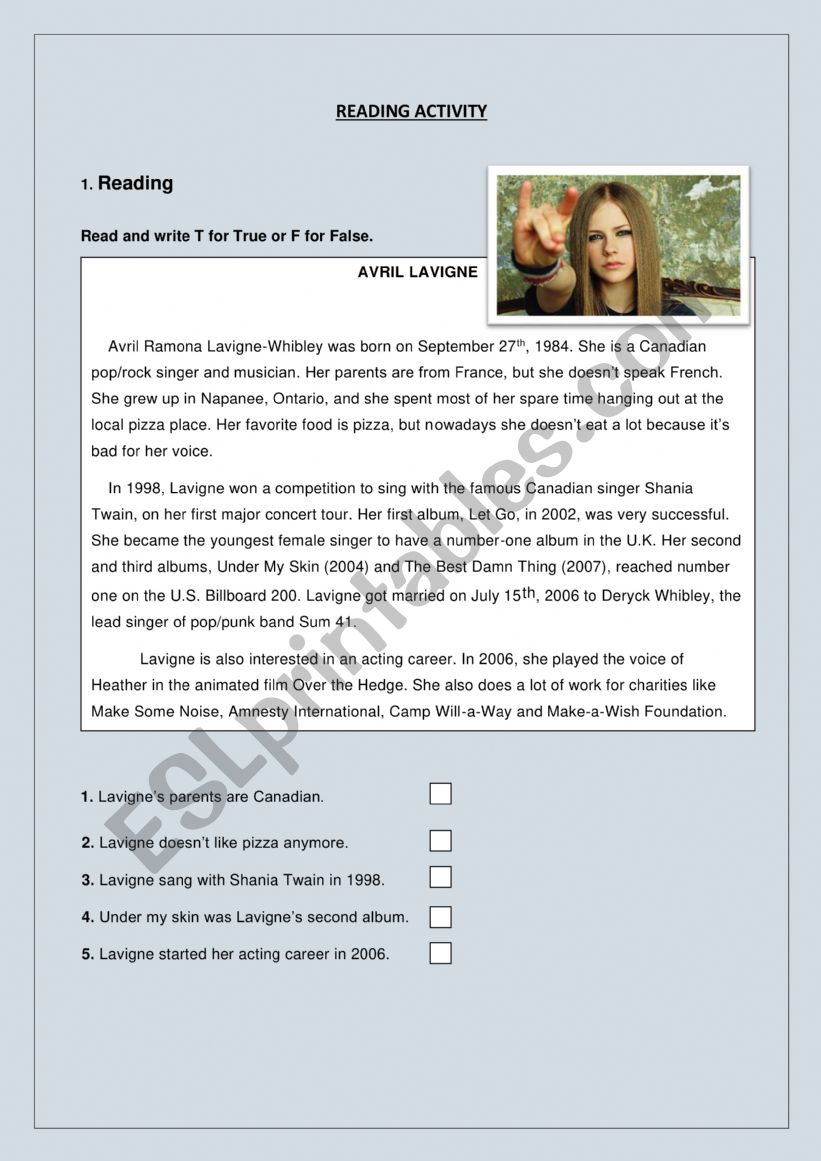 READING ACTIVITY 3  worksheet