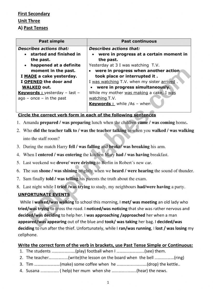 Past Tenses exercises  worksheet