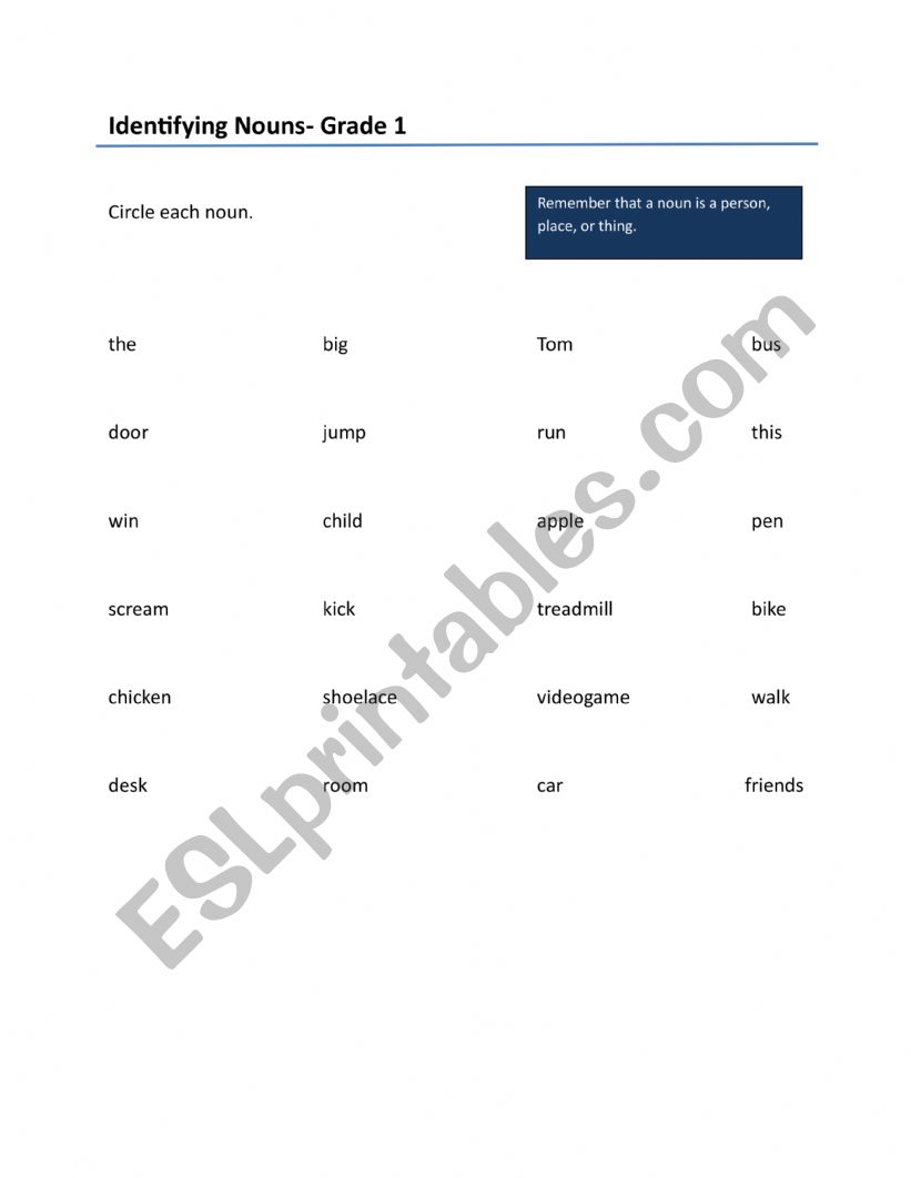 Identifying Nouns- Grade 1 worksheet