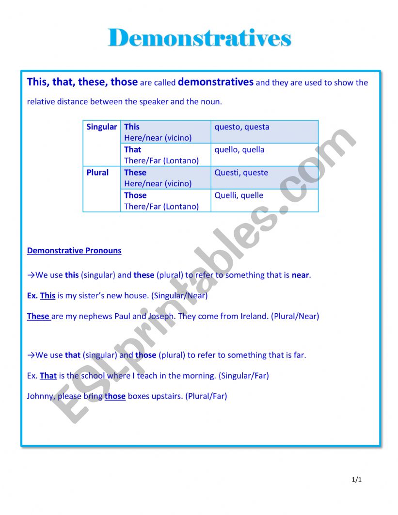 Demonstratives worksheet