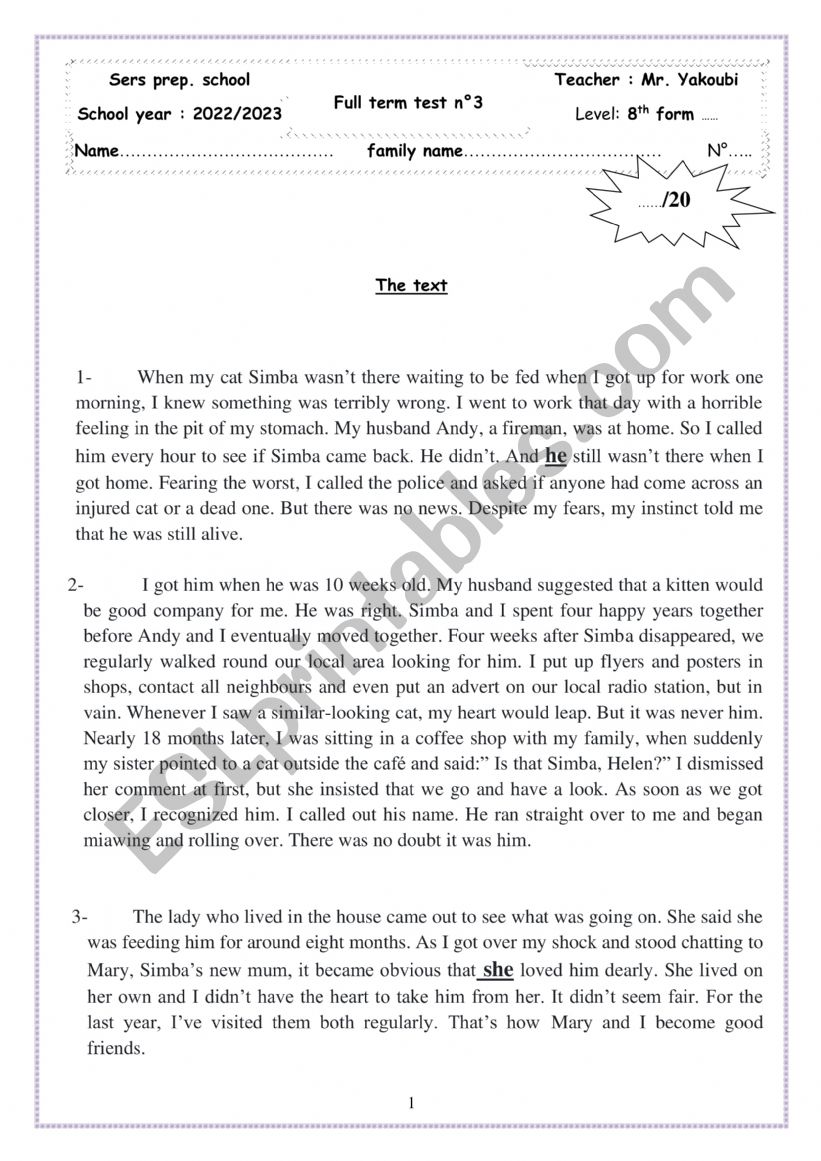 8th form full term test n3 worksheet