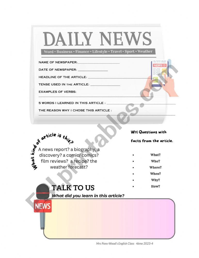 Daily news report worksheet