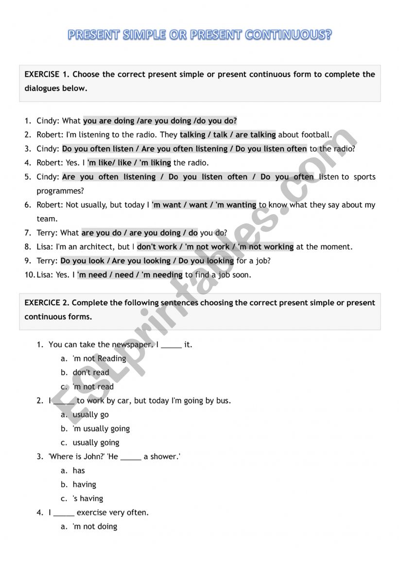 Present simple or continuous worksheet