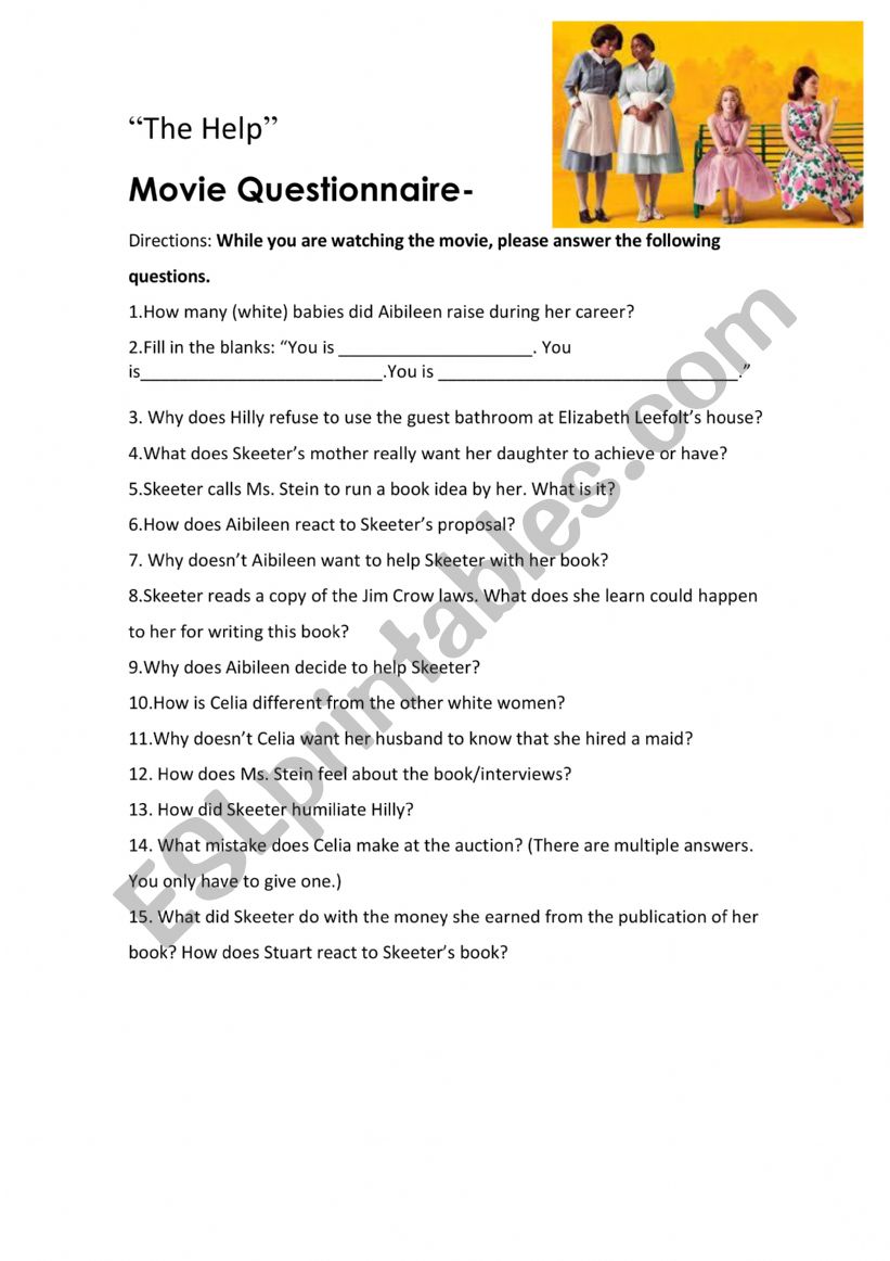 The Help- Movie questionnaire worksheet