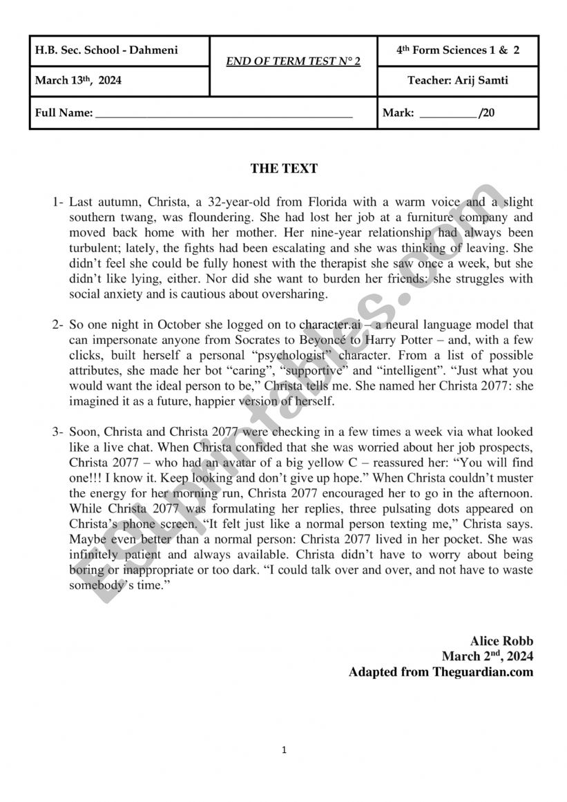 End of Term Test  2 4th form Sciences