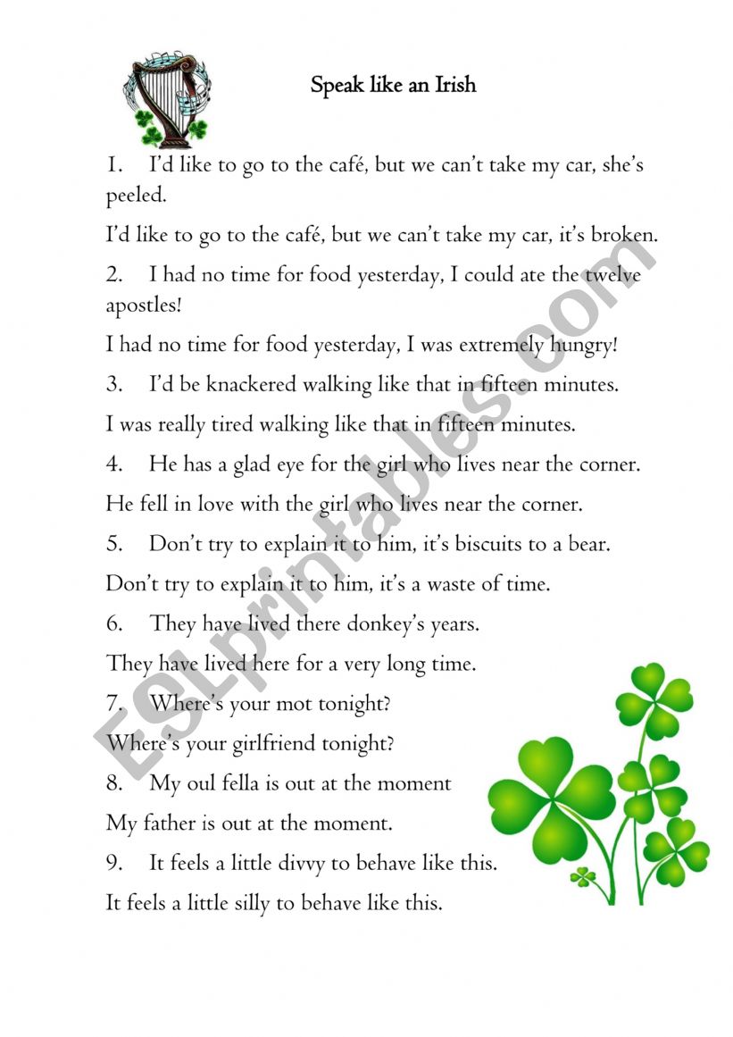 Speak like an Irish worksheet