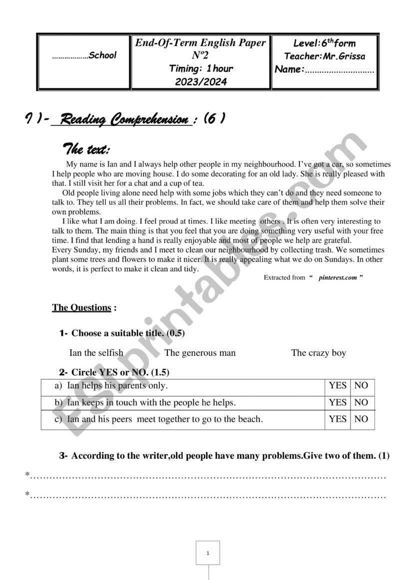 second term exam for 6th year learners 