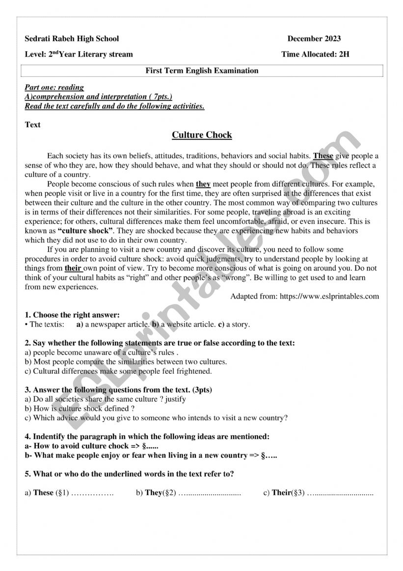 1st terme exam worksheet