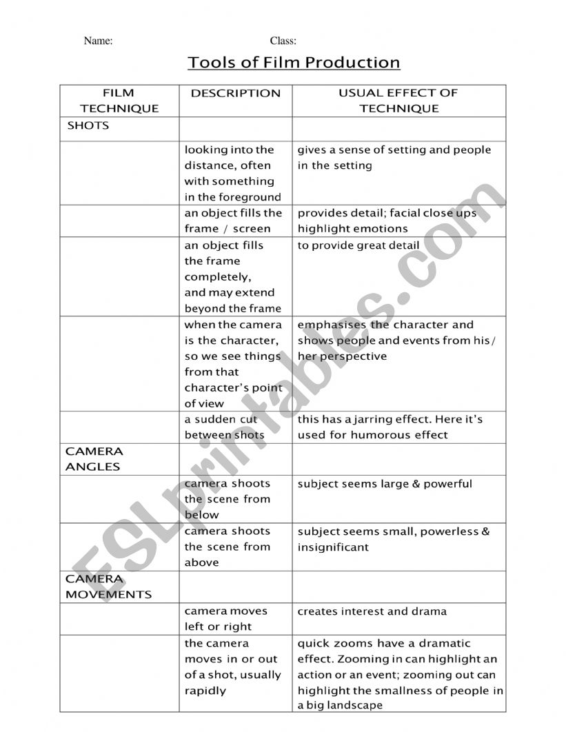 Film Techniques worksheet