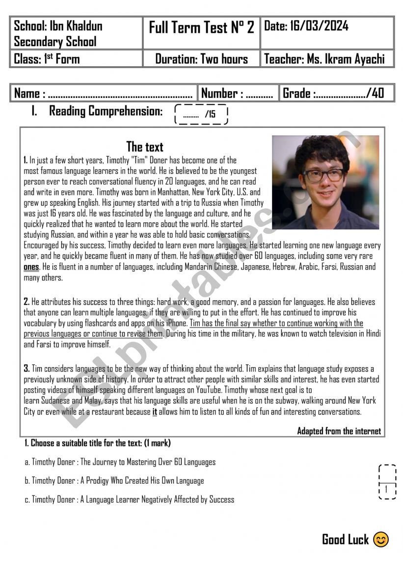 1st Form - Full Term Test n° 2 - ESL worksheet by English Teacher 24