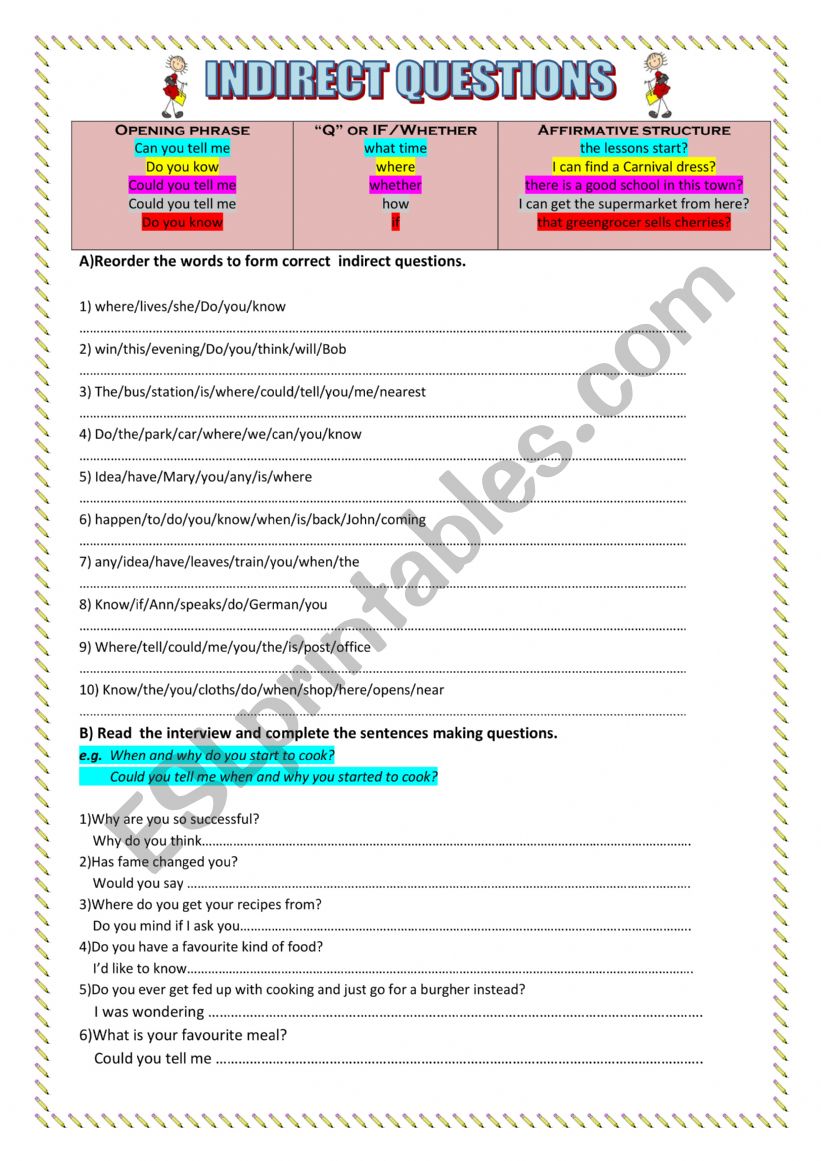 Indirect questions worksheet