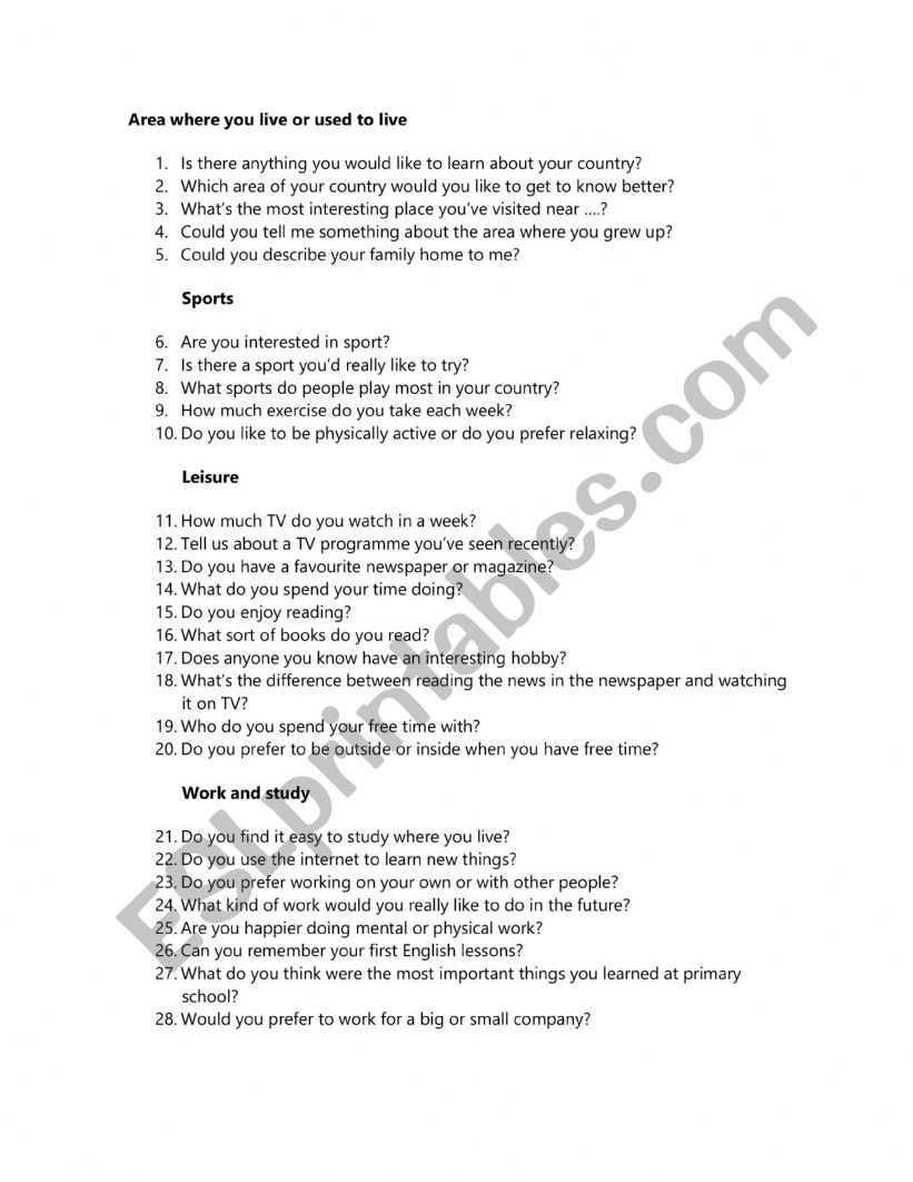 FCE personal questions worksheet