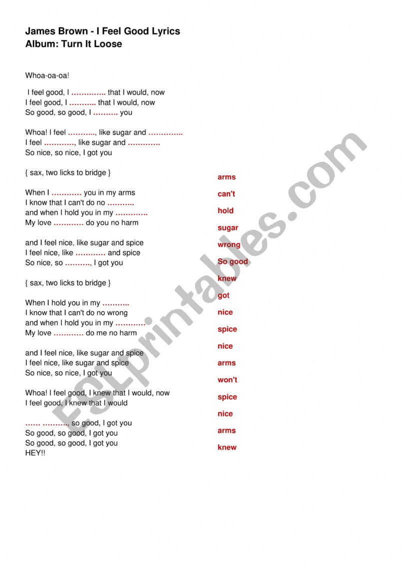 I feel good song worksheet