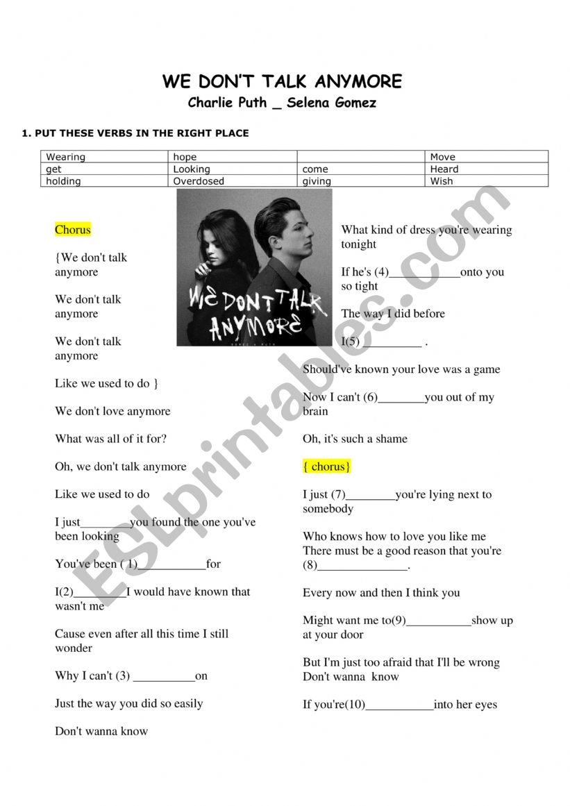 We Don�t talk anymore worksheet