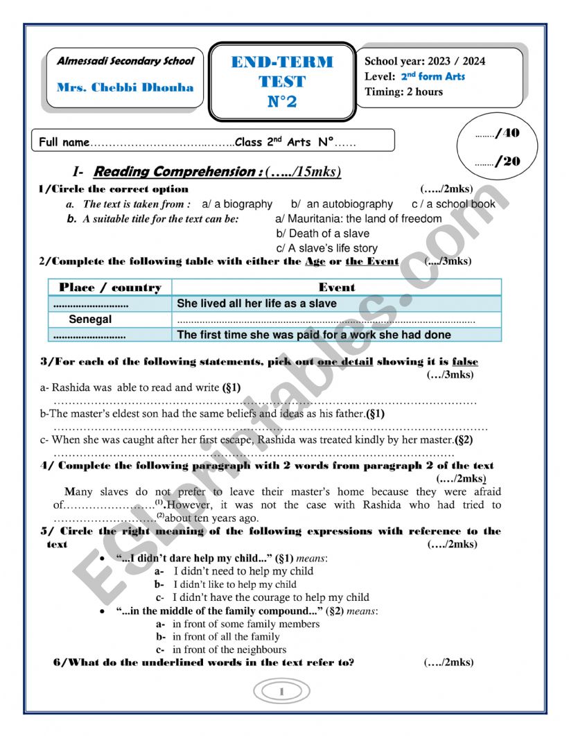 ett2 2nd form Arts worksheet