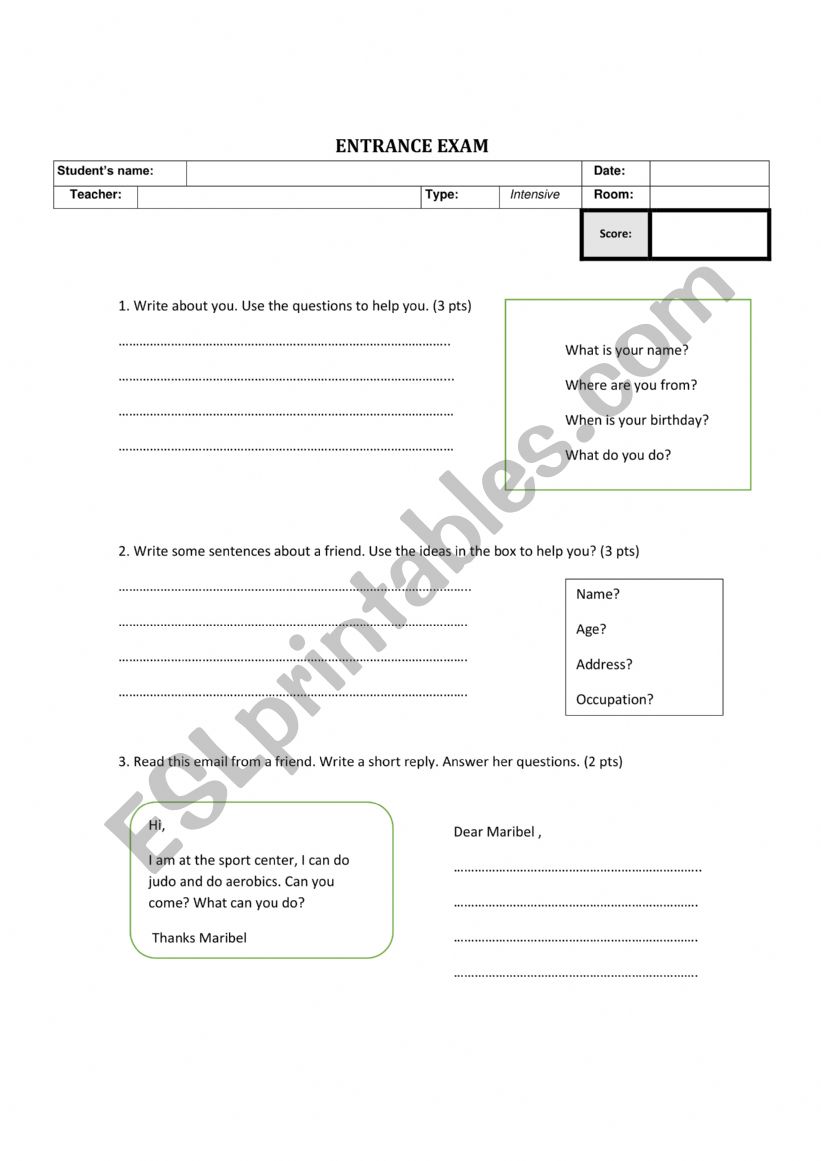 EXAM ETRANCE worksheet