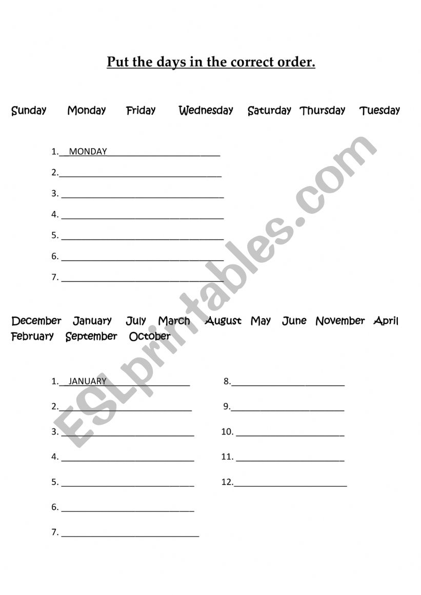 days worksheet