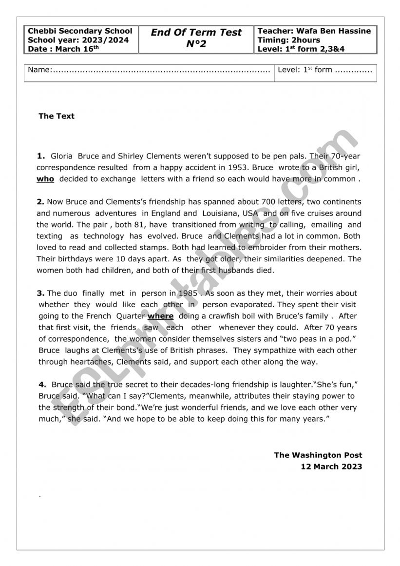 End Term Test N°2 (1st form) - ESL worksheet by wafouta