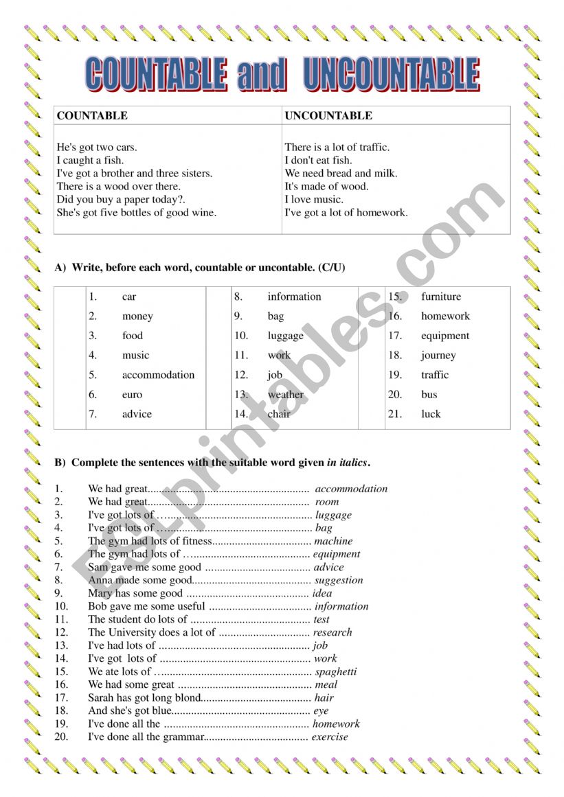 Countable-uncountable worksheet