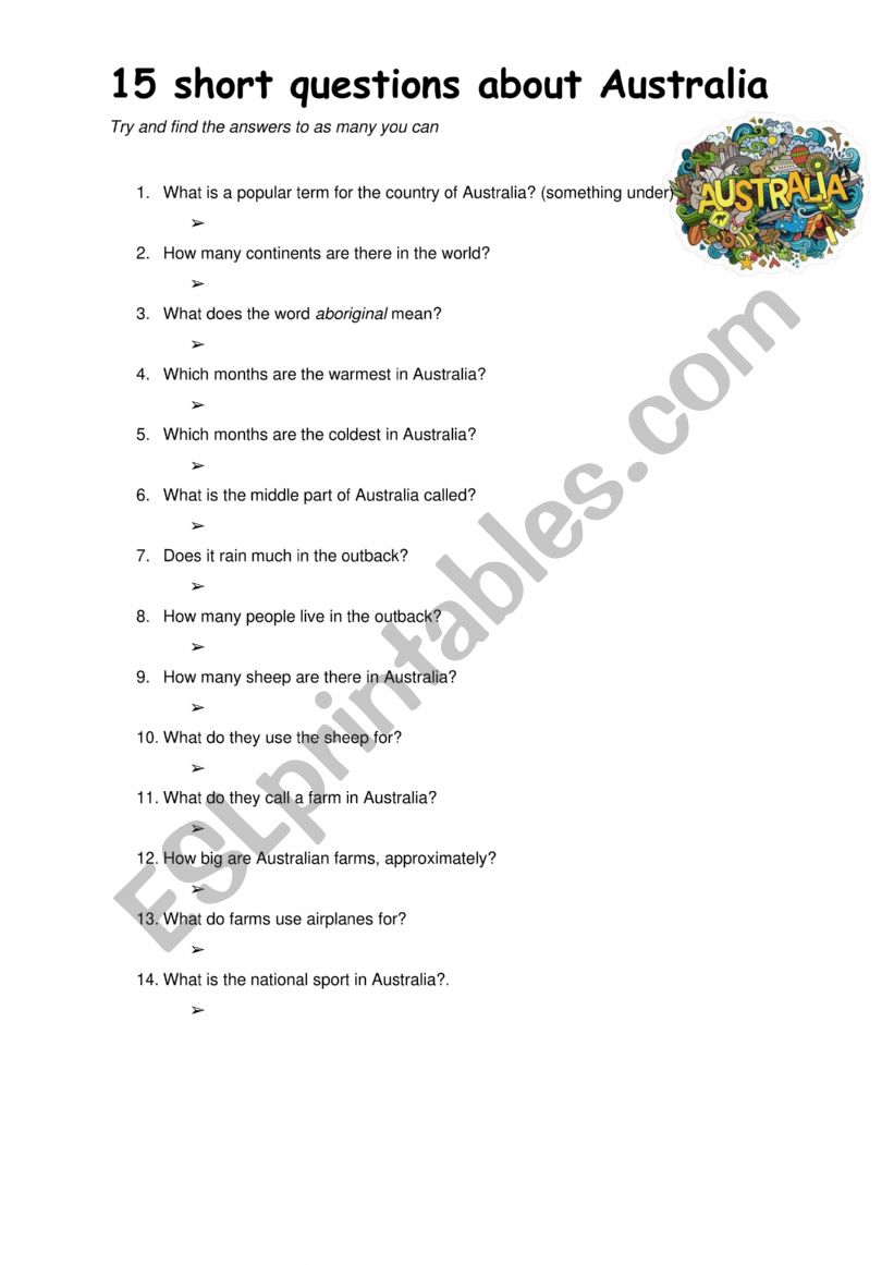 15 questions about Australia worksheet
