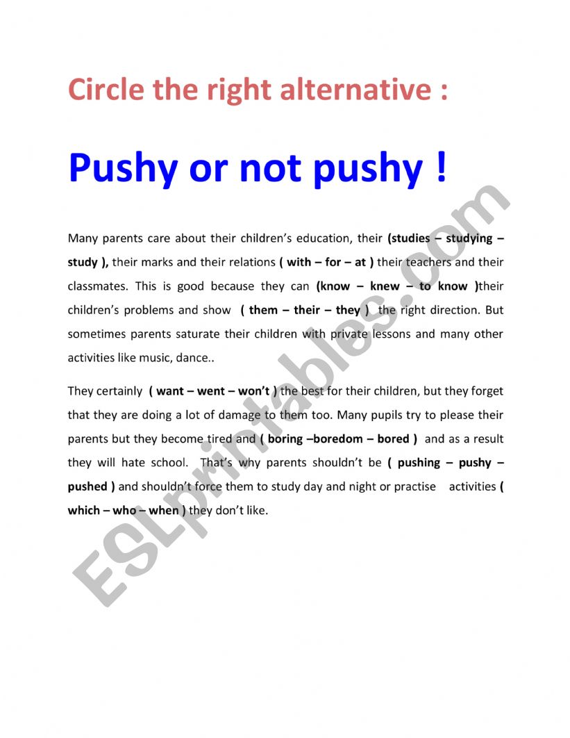 Pushy parents  worksheet