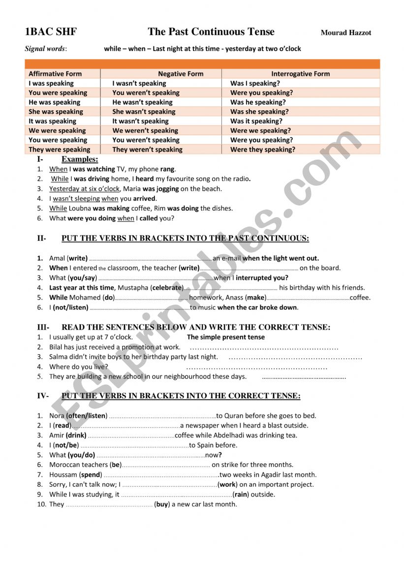 THE PAST CONTINUOS TENSE worksheet