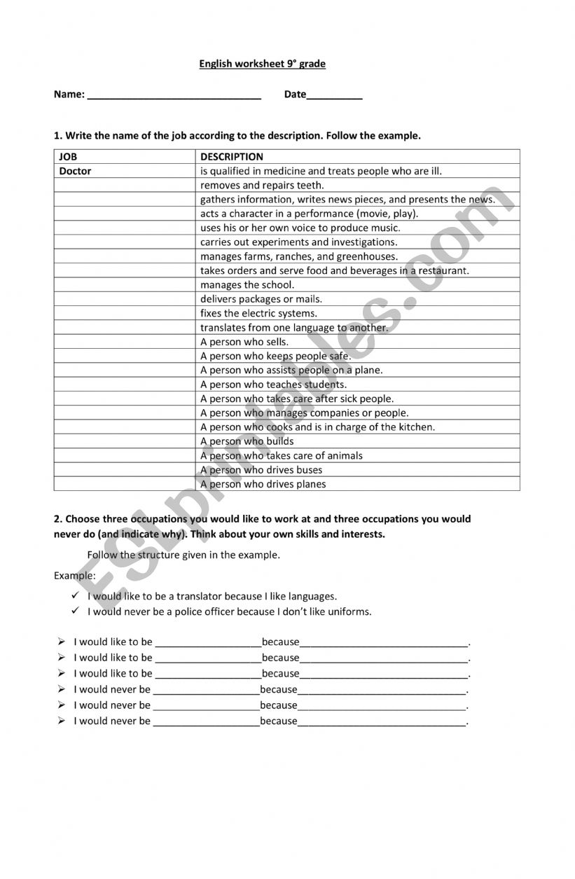 Jobs worksheet