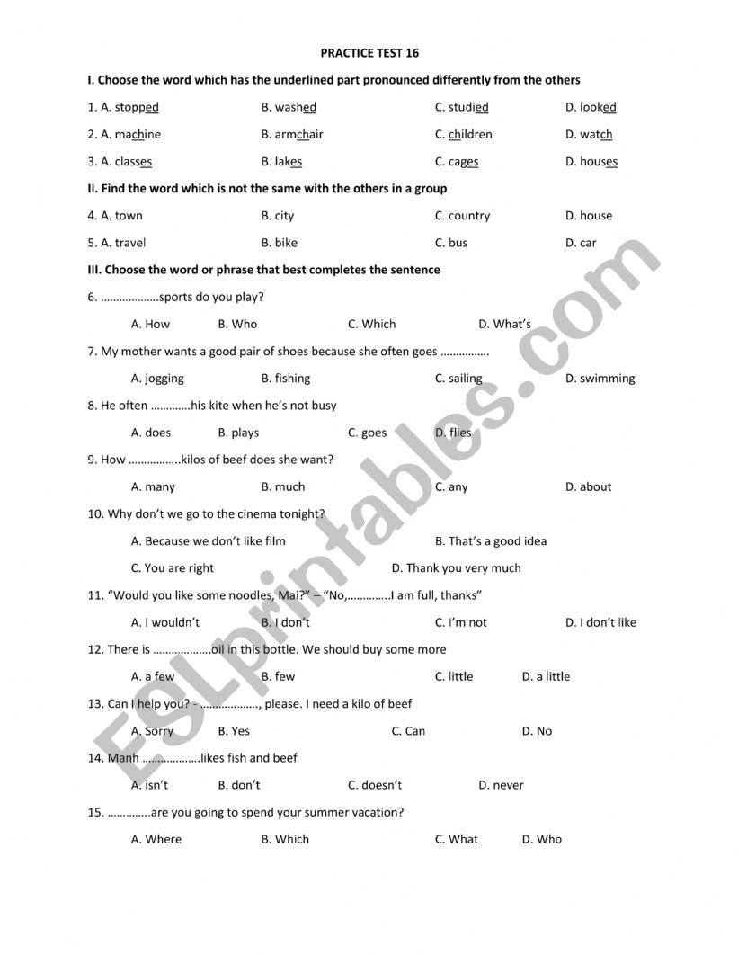 PRACTICE TEST  worksheet