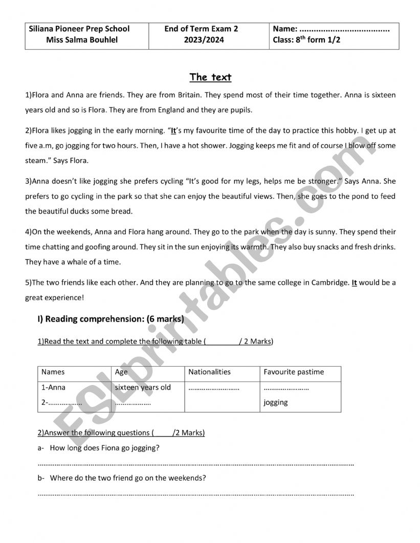 8th end term 2 pioneer school worksheet