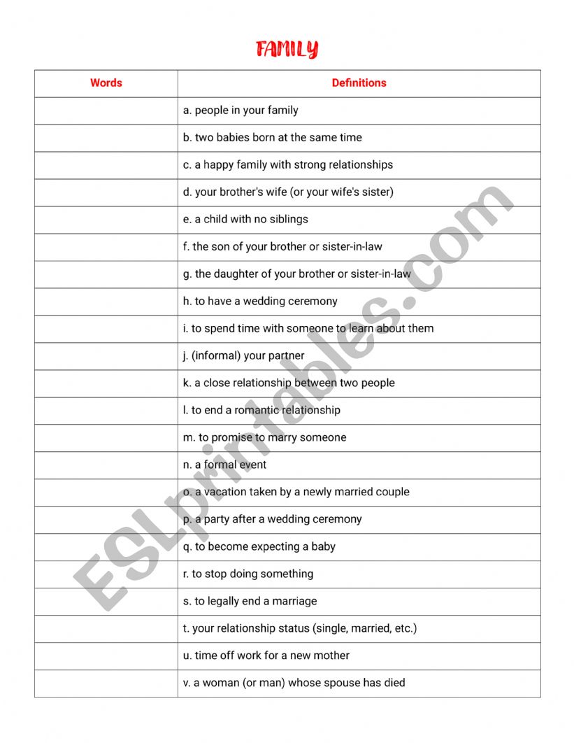 family vocabulary worksheet