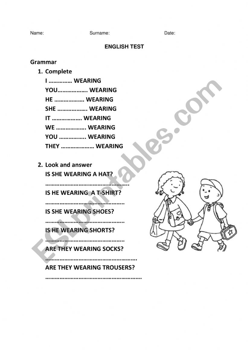 Clothes, I am wearing worksheet