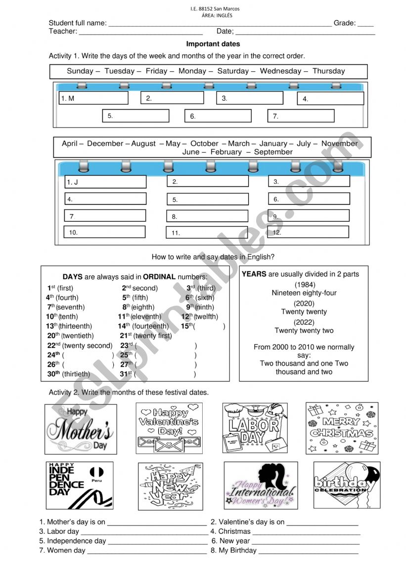 IMPORTANT DATES worksheet