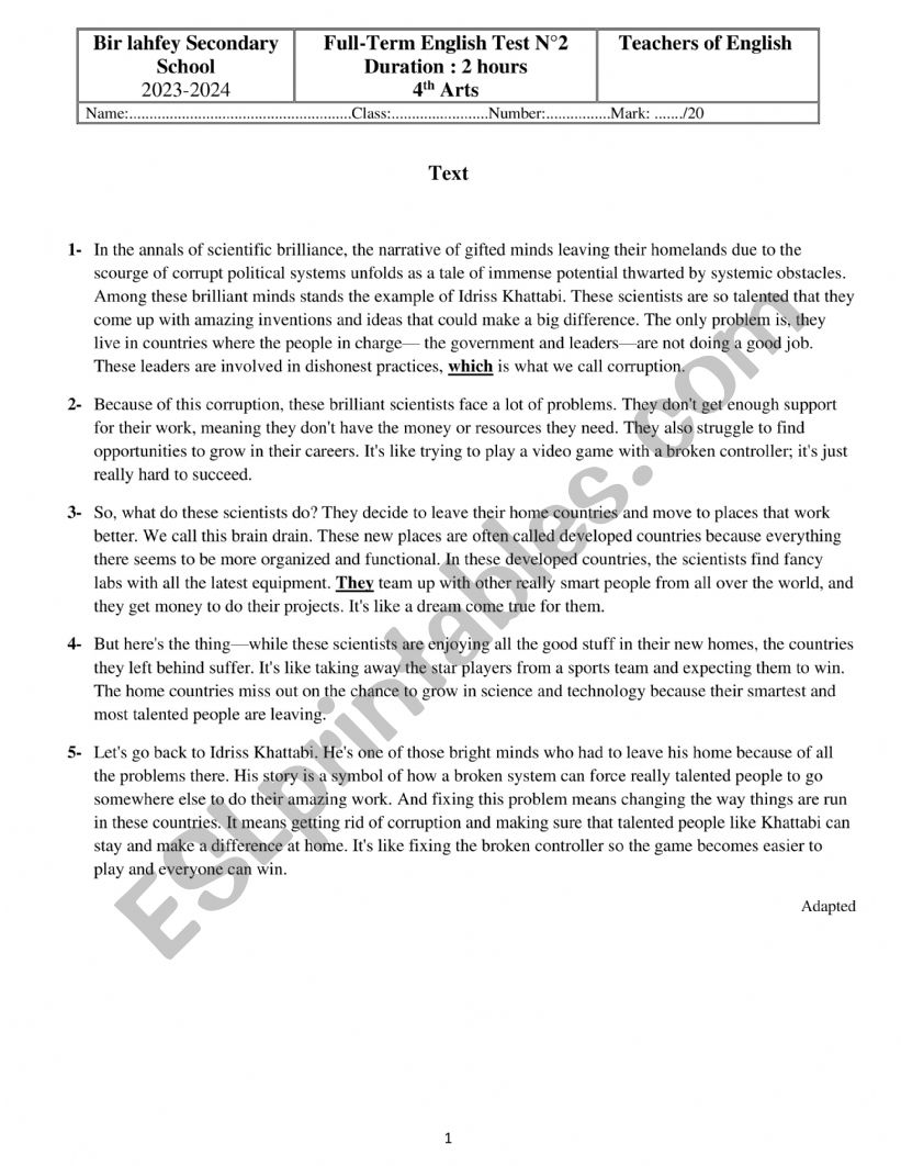 Full-Term English Test N2 Bac worksheet