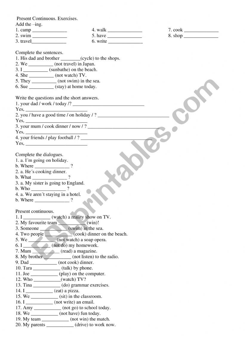 Present continuous worksheet