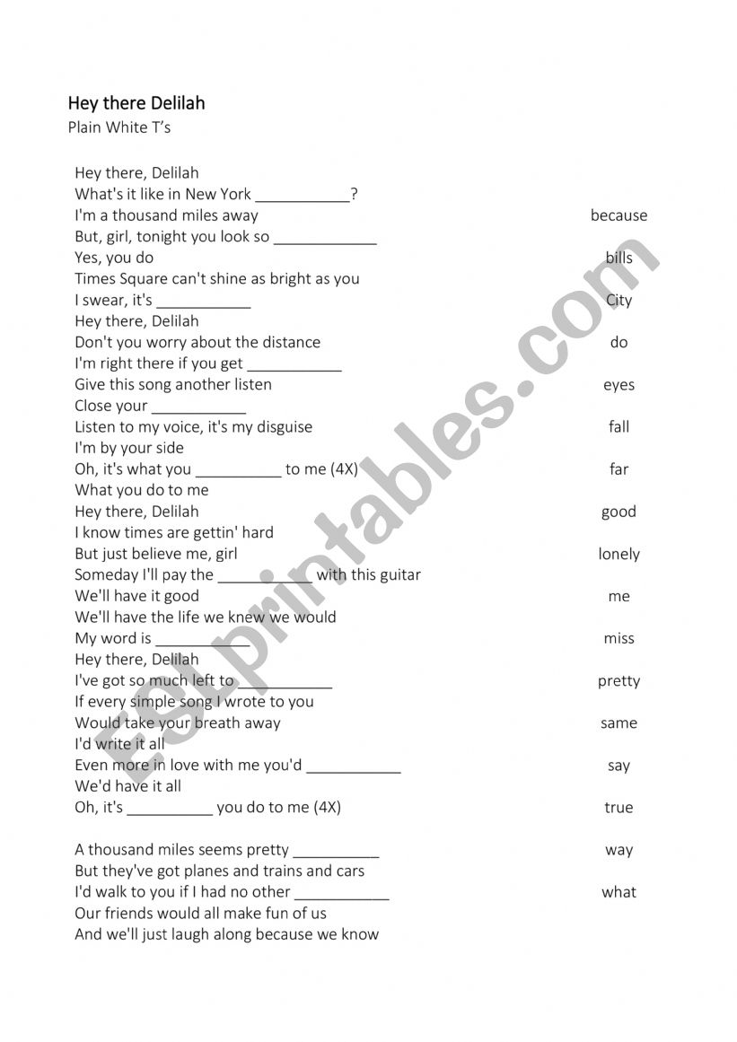 Song - Hey There Delilah Plain White Tï¿½s - ESL worksheet by ...