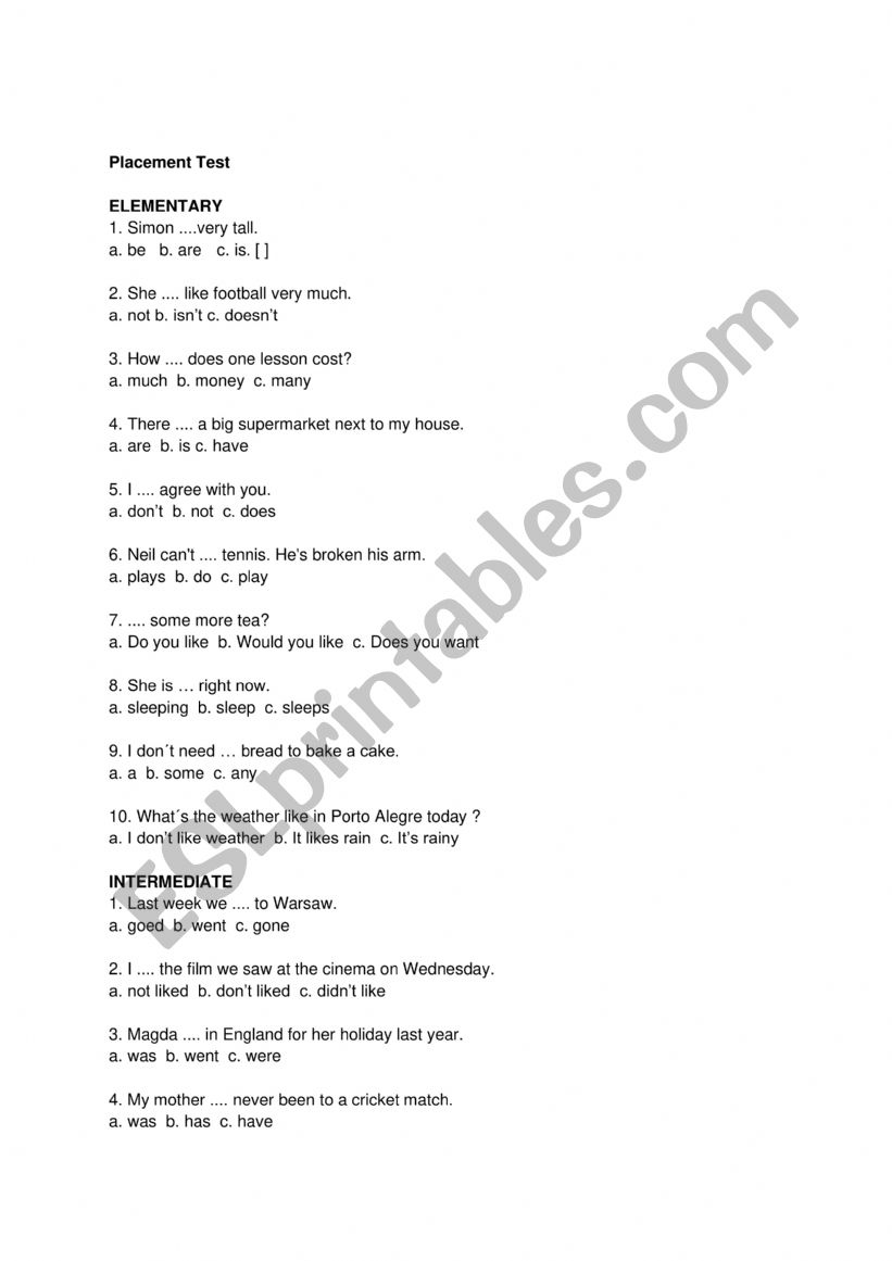 Placement test - ESL worksheet by karol2096