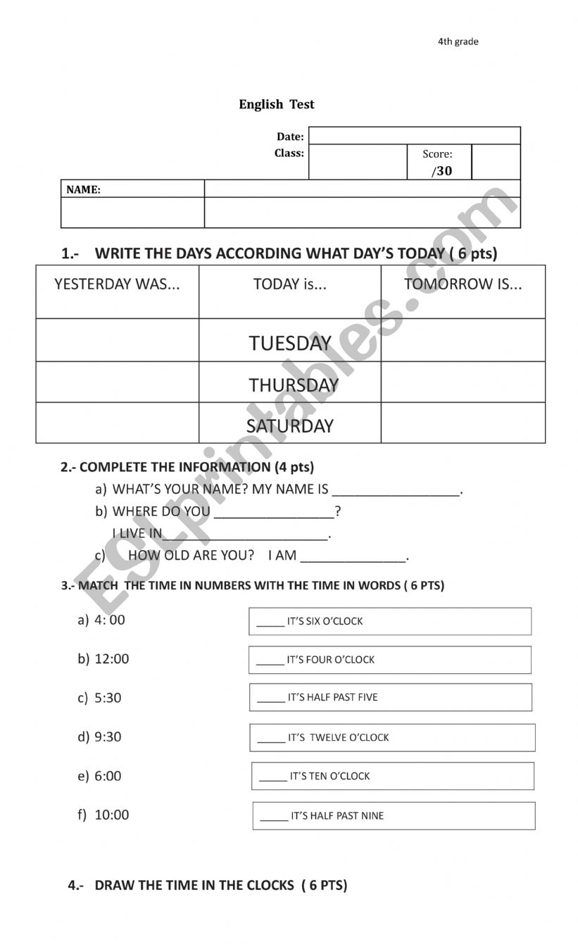 Worksheet to practice days of the week and the time