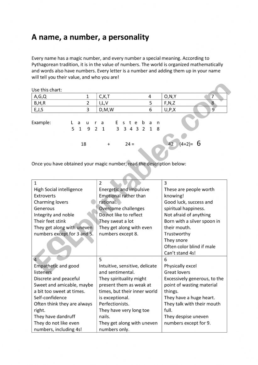 A name, A number worksheet