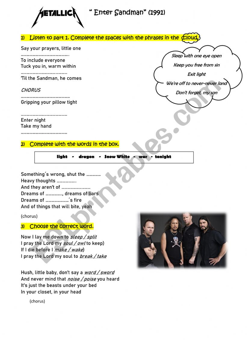 Enter Sandman song worksheet - ESL worksheet by pawli.r