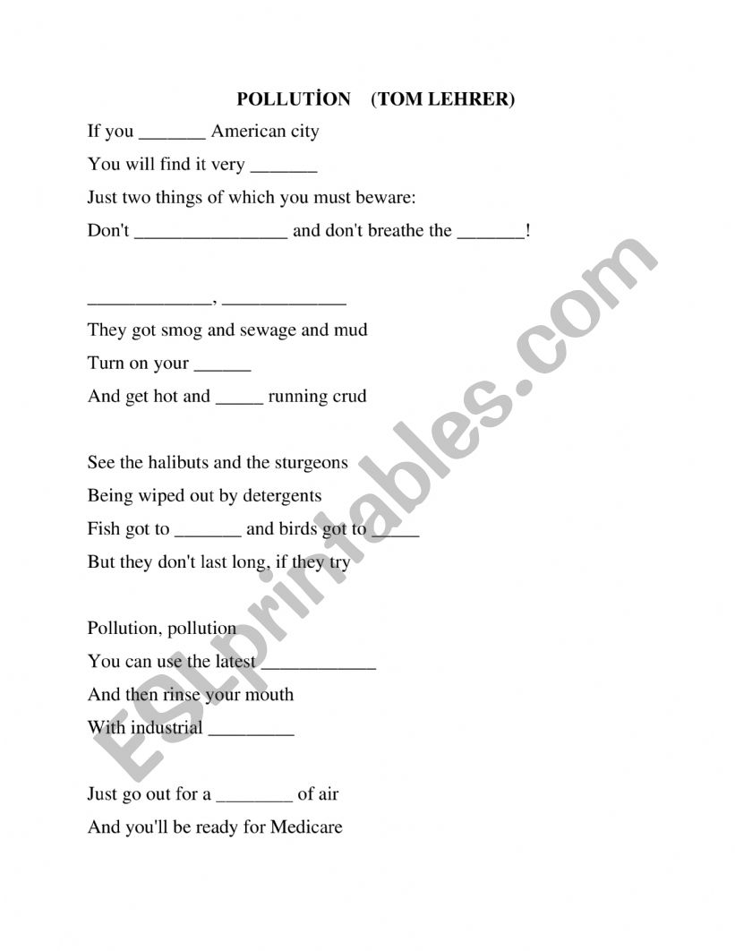 Pollution song worksheet