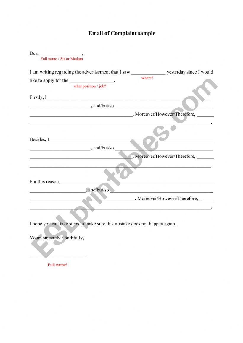 Letter of Complaint guide worksheet