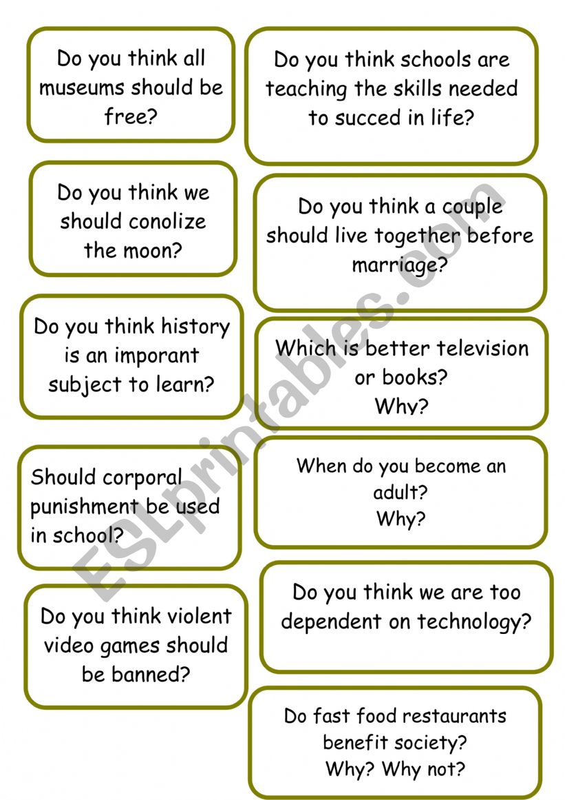 Speaking cards worksheet