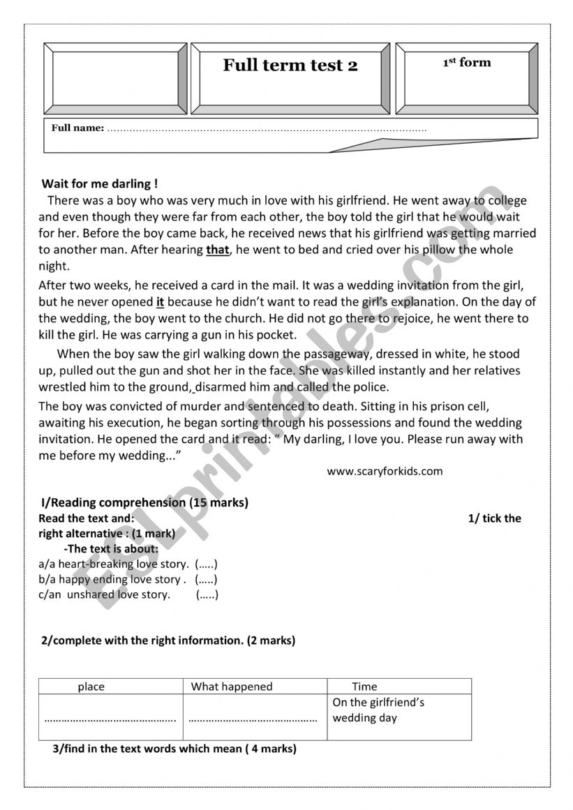 End of term test n° 2 1st form - ESL worksheet by bayya english