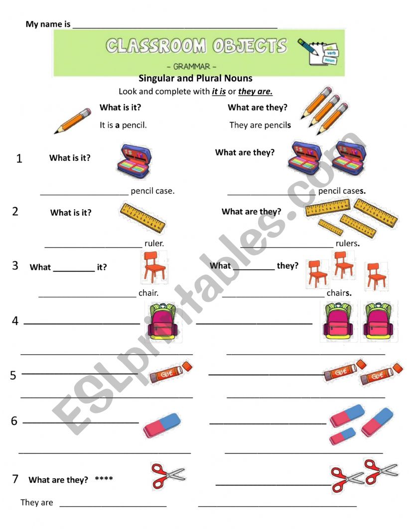 Singular and Plural Nouns Classroom Objects - ESL worksheet by L. Canales