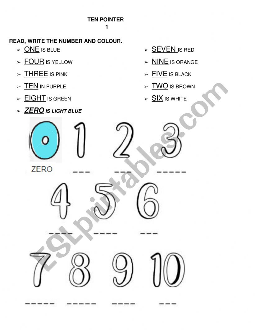 Number 1 to 10 and colours worksheet