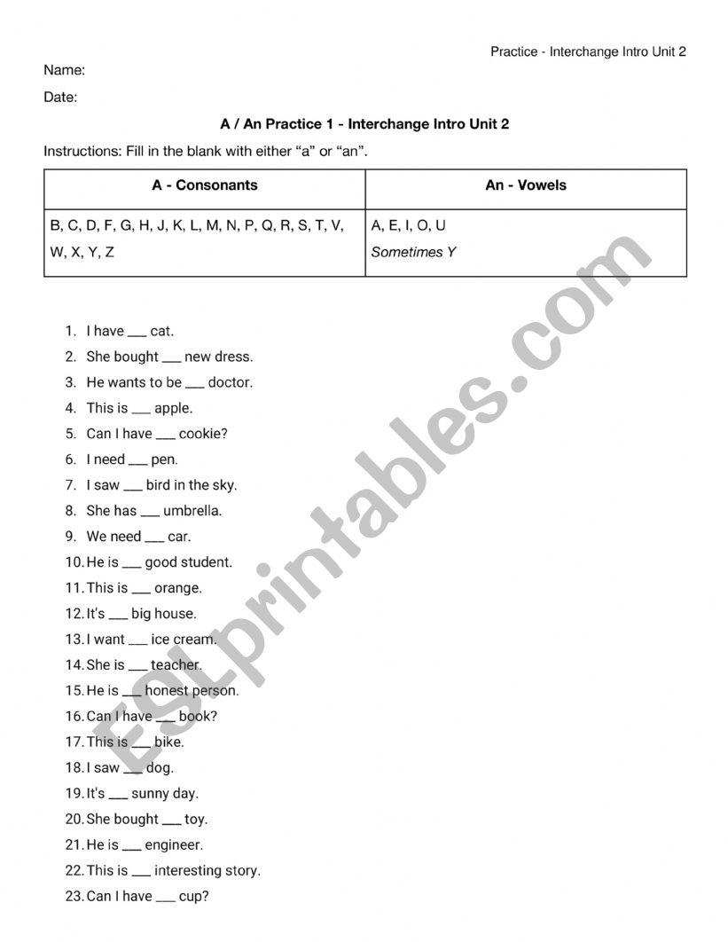 A or An Practice worksheet